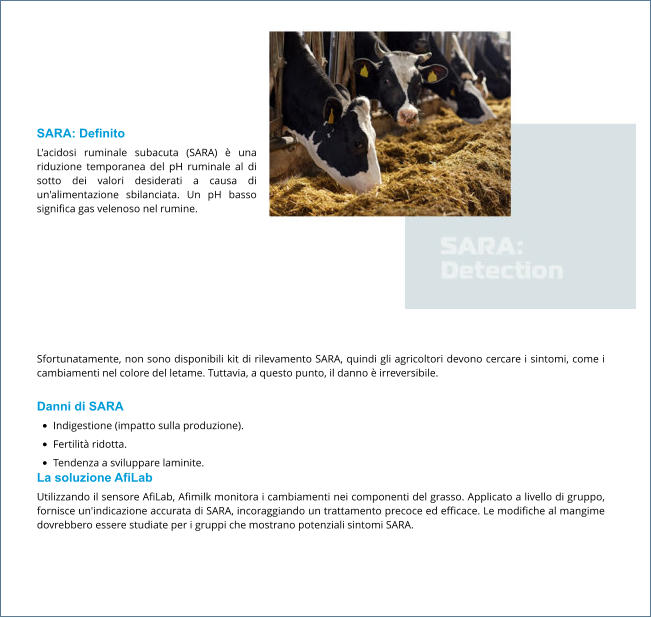 Sfortunatamente, non sono disponibili kit di rilevamento SARA, quindi gli agricoltori devono cercare i sintomi, come i cambiamenti nel colore del letame. Tuttavia, a questo punto, il danno è irreversibile.  Danni di SARA •	Indigestione (impatto sulla produzione). •	Fertilità ridotta. •	Tendenza a sviluppare laminite. La soluzione AfiLab Utilizzando il sensore AfiLab, Afimilk monitora i cambiamenti nei componenti del grasso. Applicato a livello di gruppo, fornisce un'indicazione accurata di SARA, incoraggiando un trattamento precoce ed efficace. Le modifiche al mangime dovrebbero essere studiate per i gruppi che mostrano potenziali sintomi SARA. SARA: Definito L'acidosi ruminale subacuta (SARA) è una riduzione temporanea del pH ruminale al di sotto dei valori desiderati a causa di un'alimentazione sbilanciata. Un pH basso significa gas velenoso nel rumine.