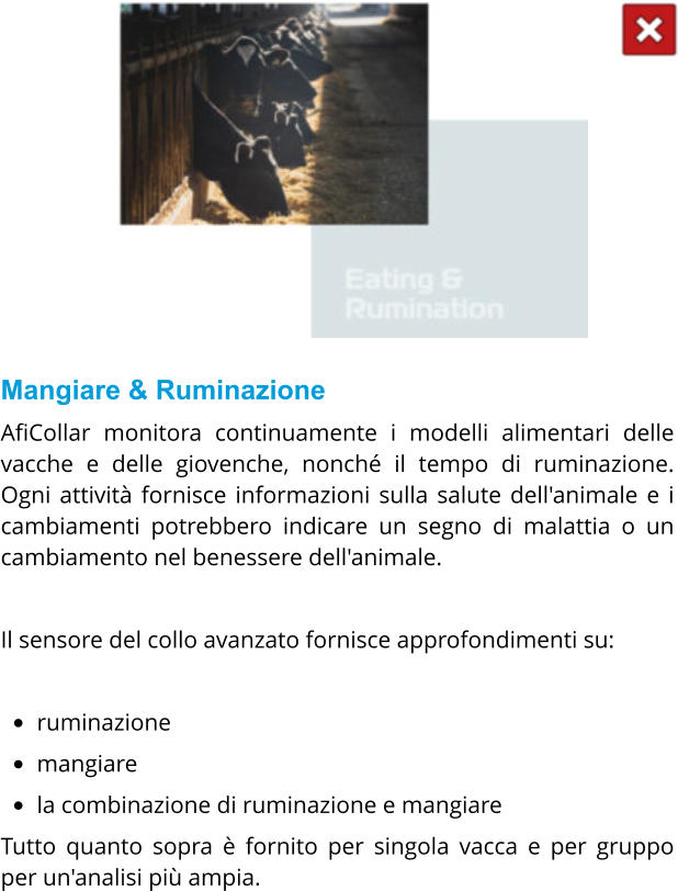 Mangiare & Ruminazione AfiCollar monitora continuamente i modelli alimentari delle vacche e delle giovenche, nonché il tempo di ruminazione. Ogni attività fornisce informazioni sulla salute dell'animale e i cambiamenti potrebbero indicare un segno di malattia o un cambiamento nel benessere dell'animale.  Il sensore del collo avanzato fornisce approfondimenti su:  •	ruminazione •	mangiare •	la combinazione di ruminazione e mangiare Tutto quanto sopra è fornito per singola vacca e per gruppo per un'analisi più ampia.