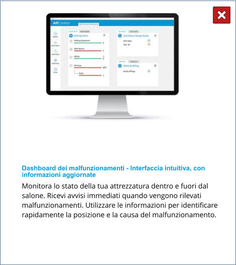 Dashboard dei malfunzionamenti - Interfaccia intuitiva, con informazioni aggiornate Monitora lo stato della tua attrezzatura dentro e fuori dal salone. Ricevi avvisi immediati quando vengono rilevati malfunzionamenti. Utilizzare le informazioni per identificare rapidamente la posizione e la causa del malfunzionamento.