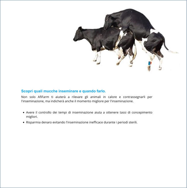 Scopri quali mucche inseminare e quando farlo. Non solo AfiFarm ti aiuterà a rilevare gli animali in calore e contrassegnarli per l'inseminazione, ma indicherà anche il momento migliore per l'inseminazione.  •	Avere il controllo dei tempi di inseminazione aiuta a ottenere tassi di concepimento migliori. •	Risparmia denaro evitando l'inseminazione inefficace durante i periodi sterili.
