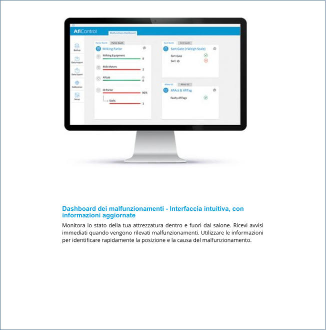 Dashboard dei malfunzionamenti - Interfaccia intuitiva, con informazioni aggiornate Monitora lo stato della tua attrezzatura dentro e fuori dal salone. Ricevi avvisi immediati quando vengono rilevati malfunzionamenti. Utilizzare le informazioni per identificare rapidamente la posizione e la causa del malfunzionamento.