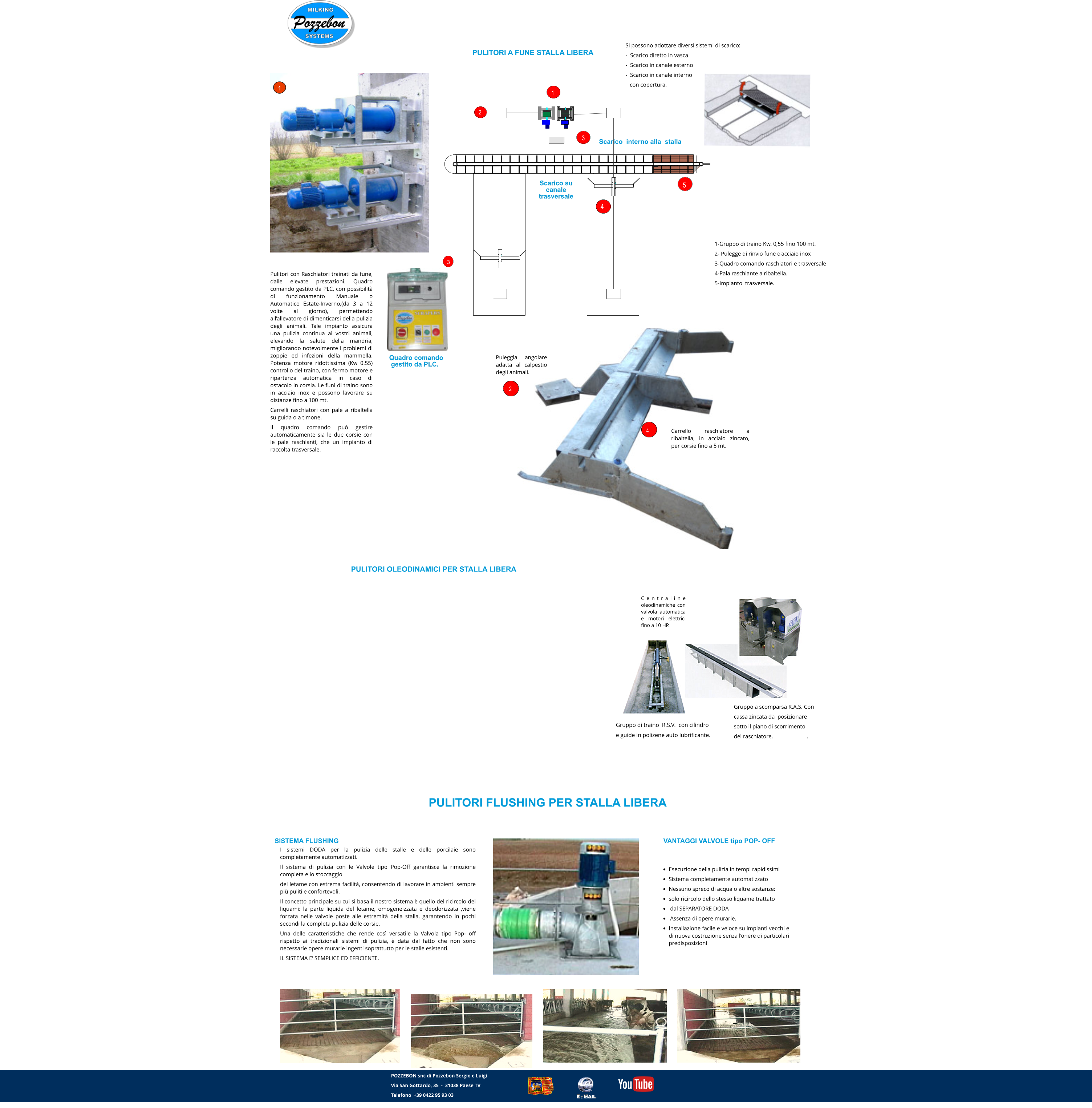 Gruppo di traino  R.S.V.  con cilindro  e guide in polizene auto lubrificante. Gruppo a scomparsa R.A.S. Con  cassa zincata da  posizionare  sotto il piano di scorrimento  del raschiatore.                        . Centraline oleodinamiche con valvola automatica e motori elettrici fino a 10 HP.  VANTAGGI VALVOLE tipo POP- OFF I sistemi DODA per la pulizia delle stalle e delle porcilaie sono completamente automatizzati. Il sistema di pulizia con le Valvole tipo Pop-Off garantisce la rimozione completa e lo stoccaggio  del letame con estrema facilità, consentendo di lavorare in ambienti sempre più puliti e confortevoli. Il concetto principale su cui si basa il nostro sistema è quello del ricircolo dei liquami: la parte liquida del letame, omogeneizzata e deodorizzata ,viene forzata nelle valvole poste alle estremità della stalla, garantendo in pochi secondi la completa pulizia delle corsie. Una delle caratteristiche che rende così versatile la Valvola tipo Pop- off rispetto ai tradizionali sistemi di pulizia, è data dal fatto che non sono necessarie opere murarie ingenti soprattutto per le stalle esistenti. IL SISTEMA E’ SEMPLICE ED EFFICIENTE.   •	Esecuzione della pulizia in tempi rapidissimi •	Sistema completamente automatizzato •	Nessuno spreco di acqua o altre sostanze:  •	solo ricircolo dello stesso liquame trattato  •	 dal SEPARATORE DODA •	 Assenza di opere murarie. •	Installazione facile e veloce su impianti vecchi e di nuova costruzione senza l’onere di particolari predisposizioni   SISTEMA FLUSHING PULITORI A FUNE STALLA LIBERA PULITORI OLEODINAMICI PER STALLA LIBERA PULITORI FLUSHING PER STALLA LIBERA Si possono adottare diversi sistemi di scarico: -  Scarico diretto in vasca -  Scarico in canale esterno -  Scarico in canale interno     con copertura.  Scarico  interno alla  stalla Scarico su  canale  trasversale 1 2 5 4 3  1-Gruppo di traino Kw. 0,55 fino 100 mt. 2- Pulegge di rinvio fune d’acciaio inox 3-Quadro comando raschiatori e trasversale 4-Pala raschiante a ribaltella. 5-Impianto  trasversale. 1 3 Quadro comando  gestito da PLC. 2 4 Pulitori con Raschiatori trainati da fune, dalle elevate prestazioni. Quadro comando gestito da PLC, con possibilità di funzionamento Manuale o Automatico Estate-Inverno,(da 3 a 12 volte al giorno), permettendo all’allevatore di dimenticarsi della pulizia degli animali. Tale impianto assicura una pulizia continua ai vostri animali,  elevando la salute della mandria, migliorando notevolmente i problemi di zoppie ed infezioni della mammella. Potenza motore ridottissima (Kw 0.55)  controllo del traino, con fermo motore e ripartenza automatica in caso di ostacolo in corsia. Le funi di traino sono in acciaio inox e possono lavorare su  distanze fino a 100 mt. Carrelli raschiatori con pale a ribaltella su guida o a timone. Il quadro comando può gestire automaticamente sia le due corsie con le pale raschianti, che un impianto di raccolta trasversale. POZZEBON snc di Pozzebon Sergio e Luigi Via San Gottardo, 35  -  31038 Paese TV Telefono  +39 0422 95 93 03 Puleggia angolare adatta al calpestio degli animali. Carrello raschiatore a ribaltella, in acciaio zincato, per corsie fino a 5 mt.   E - M A I L